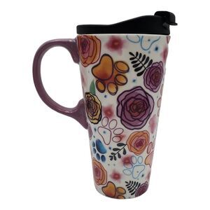 Greater Good Ceramic DOG PAW ‎ FLOWERS Travel Mug Cup Tumbler New